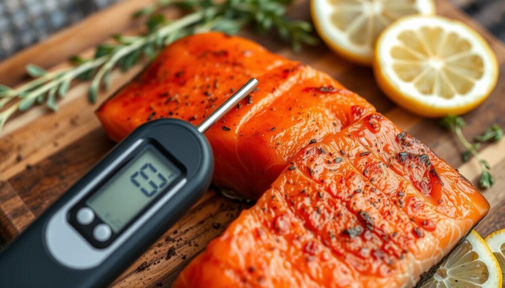 Smoked salmon internal temperature monitor