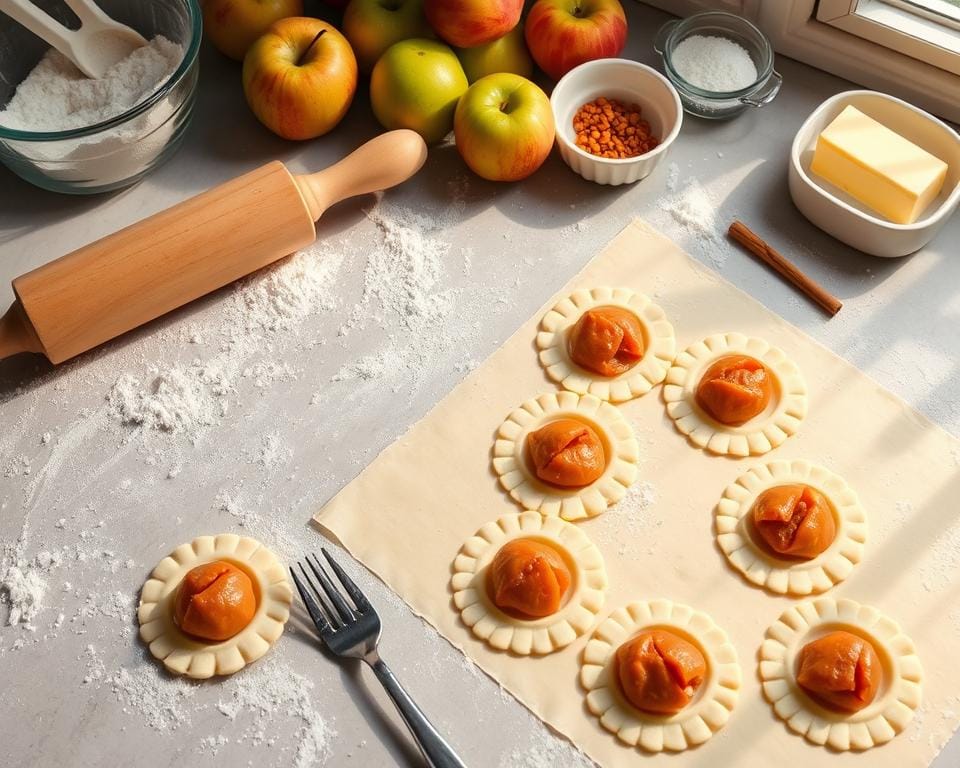 Assembling mini apple pies