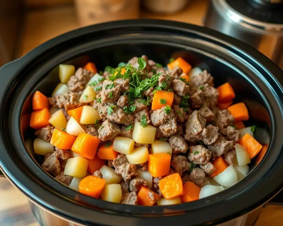 Layering Ingredients in Slow Cooker Lamb Stew