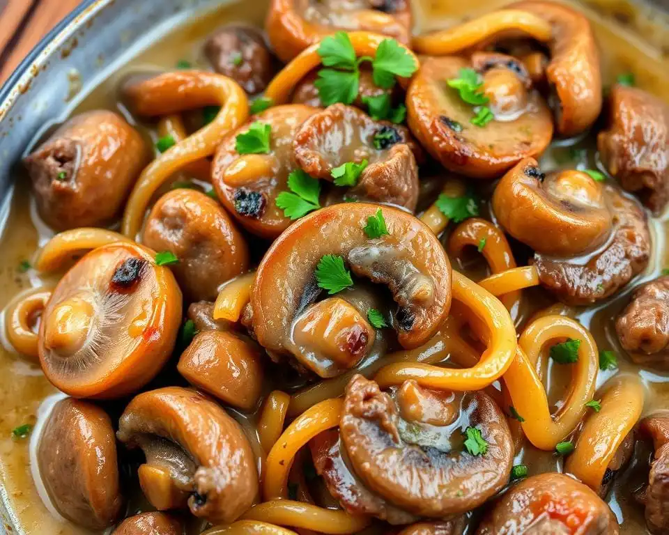 Mushrooms and Onions in Beef Stroganoff